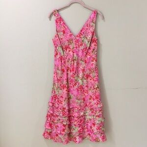 Ann Taylor Vintage Floral A Line Dress Ruffled Hem Pink Watercolor Silk Women 4